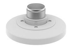 Ein runder, weißer Adapter mit einer metallischen, gewindeförmigen Verbindung in der Mitte, befestigt mit mehreren Schrauben.