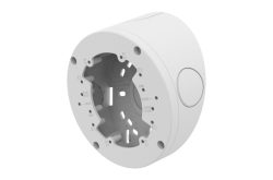 Runde, weiße Montagebasis mit mehreren Löchern und Bohrmustern für elektronische Geräte.