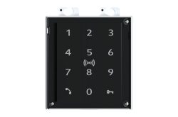 Ein schwarz-graues nummeriertes Tastenfeld mit Symbolen für Telefon und Schlüssel, umgeben von einem Metallrahmen.