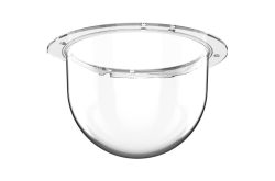 Eine transparente, halbkugelförmige Plastikschüssel mit einem breiten Rand.