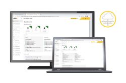 Zwei Bildschirme mit der Benutzeroberfläche eines Dashboard-Programms angezeigt, daneben ein Wolken-Symbol.