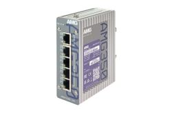 Ein industrieller Netzwerk-Switch mit mehreren Ethernet-Anschlüssen und einer metallischen Gehäuseoberfläche. Auf der rechten Seite des Geräts ist das Modell AMG350 erkennbar.