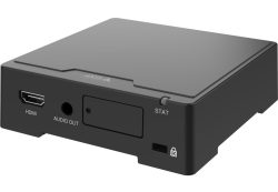 Ein schwarzes elektronisches Gerät mit HDMI- und Audioausgangsanschluss, und einer STAT-LED.