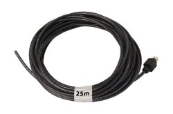 Ein schwarzes Kabel, aufgerollt mit einem Etikett "25m", und einem Stecker am Ende.