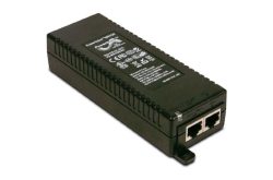 Netzteiladapter mit zwei Ethernet-Anschlüssen und mehreren Zertifizierungslogos auf der Oberseite.