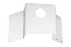Eine weiße Metallhalterung mit einem zentralen kreisförmigen Ausschnitt und mehreren Schraubenlöchern.