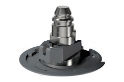 Ein mechanisches Teil aus Metall und Kunststoff mit einem komplexen Design, das auf einem runden Sockel montiert ist.