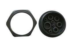 Hexagonale Kunststoffmutter und schwarze runde Dichtung mit mehreren Ösen.