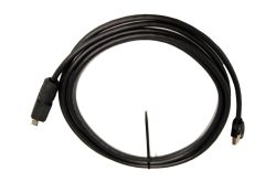 Ein schwarzes HDMI-Kabel mit zwei Steckern, das aufgerollt ist und auf einem weißen Hintergrund liegt.