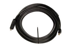 Ein aufgerolltes schwarzes HDMI-Kabel mit zwei HDMI-Steckern.