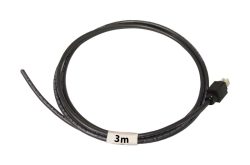 Schwarzes Kabel mit einer Länge von 3 Metern, aufgerollt und mit einem Stecker an einem Ende.