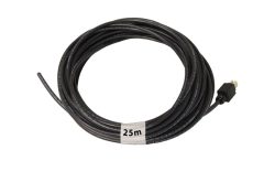 Schwarzes Kabel aufgewickelt mit Stecker und Aufkleber "25m".