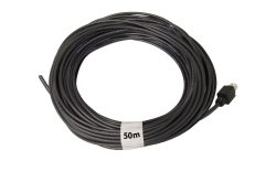 Ein aufgerolltes schwarzes Kabel mit einer Länge von 50 Metern, beschriftet mit einem Etikett.