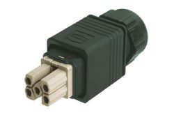 Ein schwarzer Rechteck-Stecker mit mehreren Steckplätzen an der Vorderseite und einem rundlichen Ende.