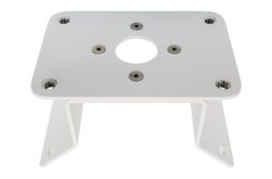 Weiße, rechteckige Metallhalterung mit fünf Schraubenlöchern und einer zentralen Öffnung.