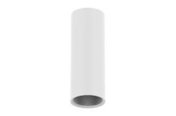 Weißer zylindrischer Aufputzstrahler mit sichtbarem Sockel für eine Glühlampe.