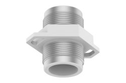 Ein silberner zylindrischer Stecker mit Gewinde und rechteckigem Flansch.