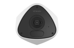 Trianguläre Überwachungskamera von Hanwha in Weiß und Schwarz.