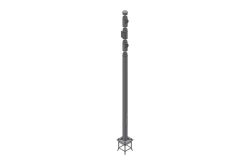 Ein grauer Mobilfunkmast mit mehreren Antennen, montiert auf einem Metallgestell.