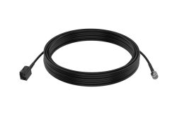 Schwarzes Koaxialkabel mit F-Stecker auf einer Seite und einem quadratischen Anschluss auf der anderen Seite, aufgerollt.