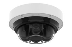 Eine Überwachungskamera von Hanwha mit einem weißen Gehäuse und einer kuppelförmigen transparenten Abdeckung.