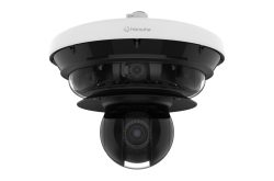 Kuppelförmige Überwachungskamera mit mehreren Objektiven von Hanwha in schwarz-weißer Ausführung.