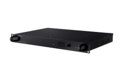 Ein schwarzes Netzwerk-Audio-Server-Gerät mit der Aufschrift "Wisenet".