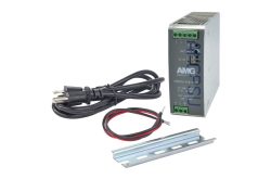 Netzteil AMG PSR mit Netzkabel, Anschlusskabel und Montageschiene.
