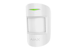 Ein weißer Bewegungsmelder mit einem grünen LED-Licht am oberen Rand, auf dem "AJAX" steht.