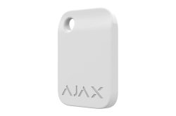 Ein weißer Schlüsselanhänger mit dem Aufdruck "AJAX" und einem Loch in der oberen linken Ecke.