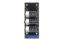 Ein elektronisches Modul mit vier eingelegten Batterien und einer Anschlussterminalleiste am unteren Rand.