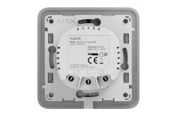 Ein graues Lichtschalter-Relais-Modul von Ajax mit technischen Details und Herstellerinformationen auf der Rückseite.