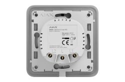 Ein quadratisches elektrisches Relais mit der Aufschrift "AJAX LightCore (2-way) [55]" zur Steuerung eines Lichtschalters, maximaler Leistung von 600 W, Spannungseingang 230 V, montiert in einem grauen Kunststoffgehäuse.