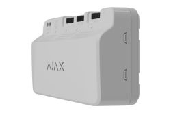 Ein weißes elektronisches Gerät mit der Aufschrift "AJAX" und mehreren Anschlussports auf der Oberseite.