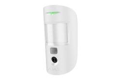Ein weißer Bewegungsmelder mit Kamera und Sensor, auf weißem Hintergrund.