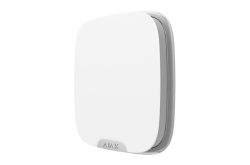 Ein weißes, quadratisches elektronisches Gerät mit abgerundeten Ecken und dem Schriftzug "AJAX" am unteren Rand auf grauem Hintergrund.