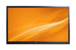 Monitor mit schwarzem Rahmen und orangefarbenem Bildschirmhintergrund mit geschwungenen Linien.