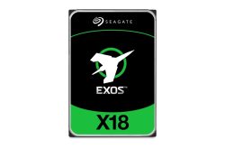 Ein Seagate Exos X18 Festplattenlaufwerk mit schwarz-grünem Design und einem stilisierten Flugzeugsymbol.
