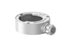 Runder, silberner Metallhalter mit Schrauben und einem seitlichen Anschluss.