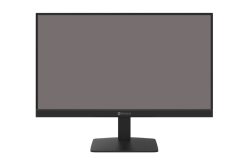 Ein schwarzer Computermonitor mit einem schmalen Rahmen und einem stabilen Standfuß auf weißem Hintergrund.