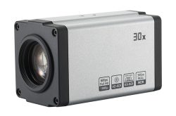 Ein silberner HD-SDI-Kamera-Block mit einem 30-fachen optischen Zoom und verschiedenen technischen Spezifikationen auf der Seite, darunter 60fps Full HD 1080p, EX-SDI-Unterstützung und WDR.