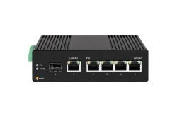 Ein schwarzer Netzwerk-Switch mit fünf Ethernet-Ports und einem Glasfaseranschluss.