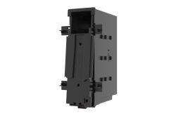 Schwarzes, rechteckiges elektronisches Bauteil mit mehreren Steckverbindungen und einem Pfeil, der nach oben zeigt.