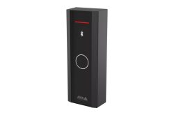 Schwarze, rechteckige Zugangskontrolleinheit mit Bluetooth-Symbol und rotem Lichtstreifen oben.