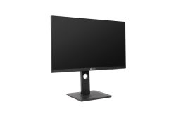 Ein schwarzer, moderner Computerbildschirm mit schmalem Rahmen auf einem stabilen Standfuß vor weißem Hintergrund.