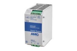 Metallisches Netzteil von AMG Systems mit blauer und weißer Beschriftung, das eine Ausgangsspannung von 48 VDC bei 95-120-180W und einen Eingang von 115-230VAC aufweist, inklusive Anschlussterminals oben.