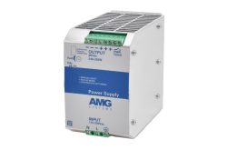 Professionelles Netzteil von AMG Systems mit 48VDC und 240-330W Ausgangsleistung, verfügt über Optionen wie manuellen Reset, Hiccup-Modus und kontinuierlichen Ausgangsmodus; Anschlussklemmen gut sichtbar auf der Oberseite.
