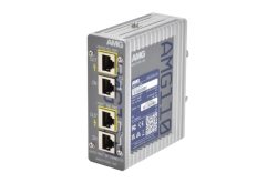 Elektronisches Gerät mit mehreren Ethernet-Anschlüssen und Beschriftung "AMG110".