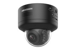 Schwarze Überwachungskamera von Hikvision mit kuppelförmigem Design und sichtbare Linse.