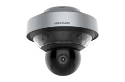 Überwachungskamera von Hikvision mit Kuppeldesign und mehreren Linsen, aus einer unteren Perspektive betrachtet.